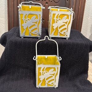Yellow and Antique White Bee Lantern Set